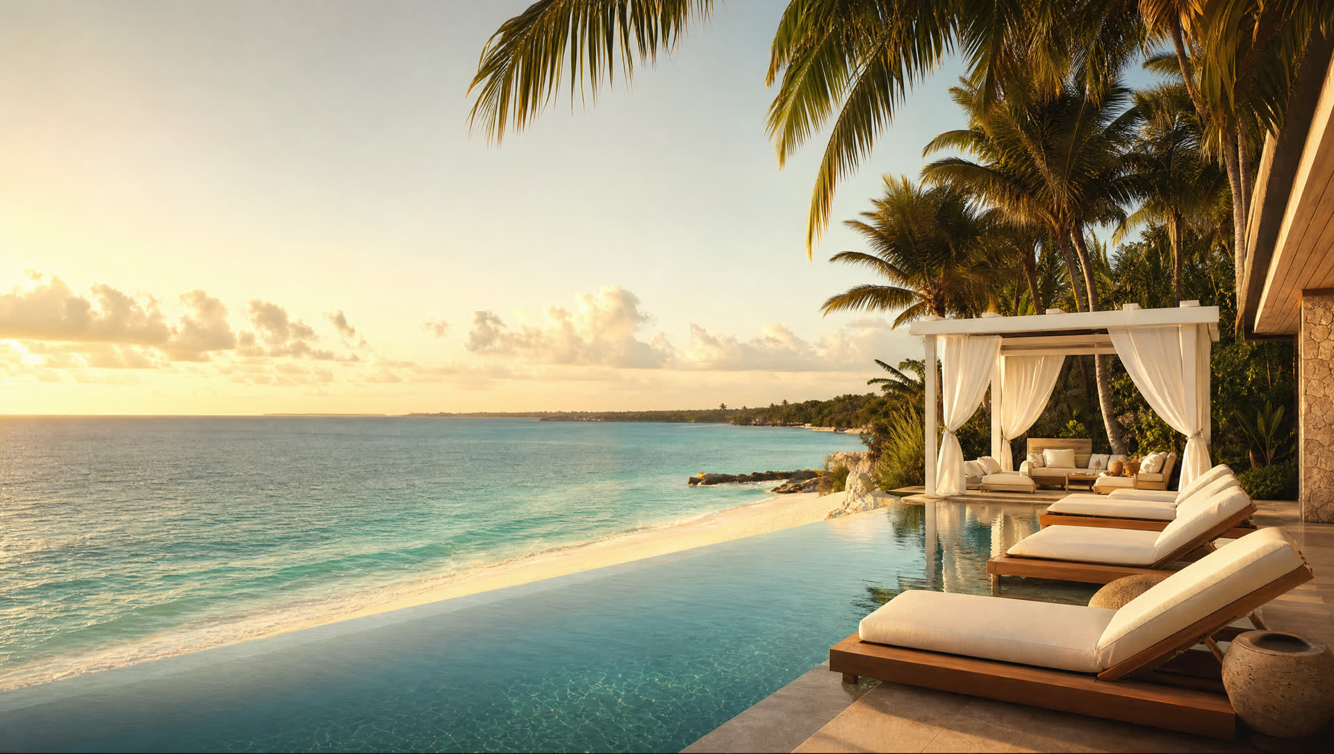Infinity pool of a luxury hotel dissolving into the turquoise Caribbean sea at golden hour